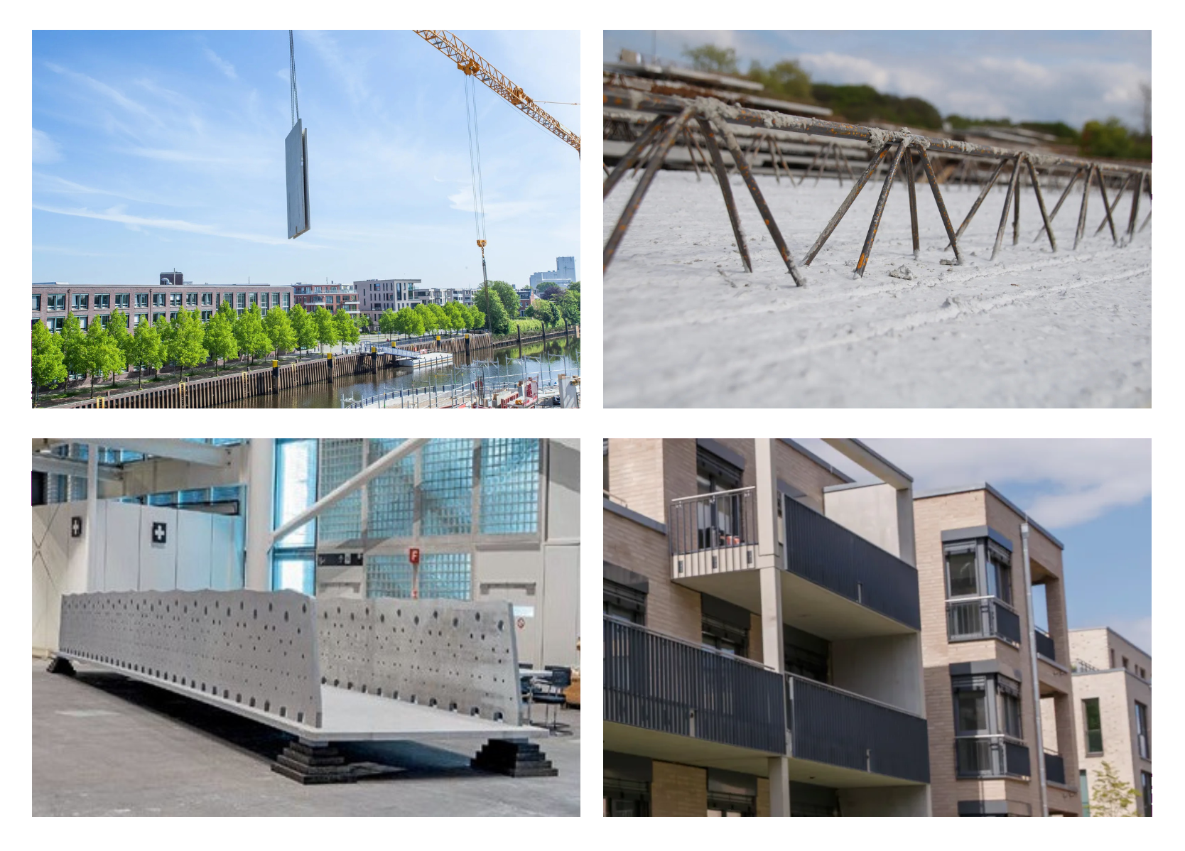 Eine Collage zeigt unterschiedlichste Betonfertigteile im MBU-Sortiment. Treppen, Balkone, Trenndecken, Doppelwände und Modulbrücken